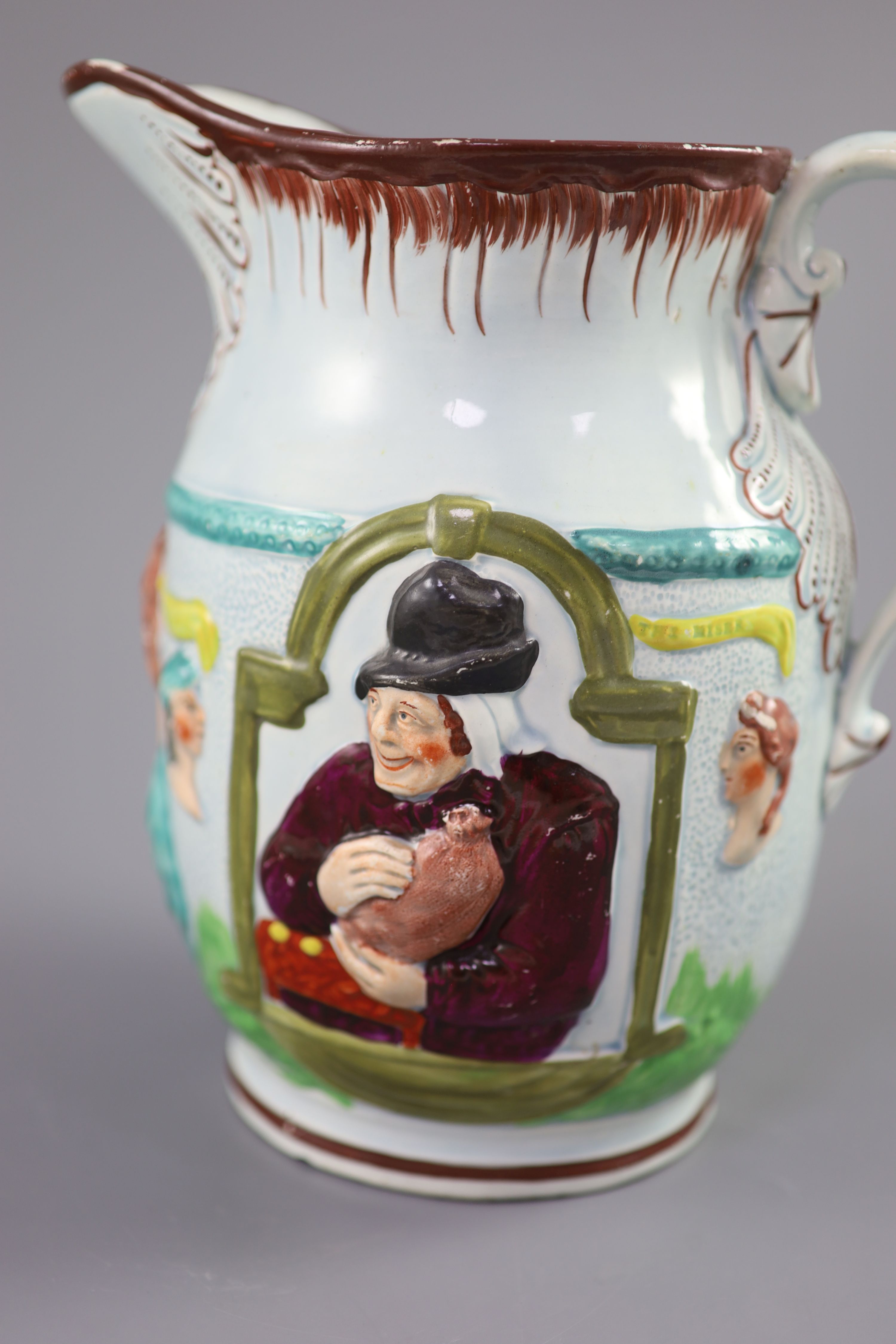 A Staffordshire pearlware Shakespear The Poet The Miser and Spendthrift jug, c.1800, 23cm high